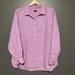 Talbots Womens Size XL Purple 100% Linen Long Sleeve Roll Tab Tunic V-Neck